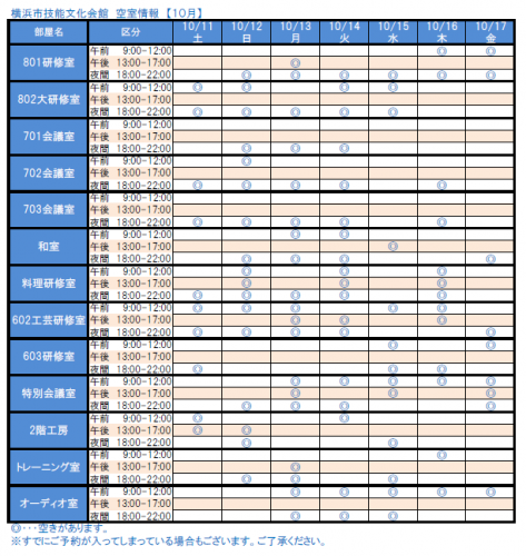 横浜市技能文化会館 空室情報（2014年10月）
